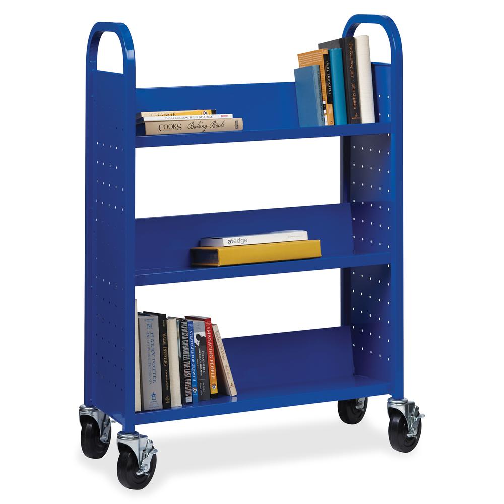 Lorell Single-sided Book Cart - 3 Shelf - Round Handle - 5" Caster Size - Steel - x 32" Width x 14" Depth x 46" Height - Blue - 1 Each. Picture 2