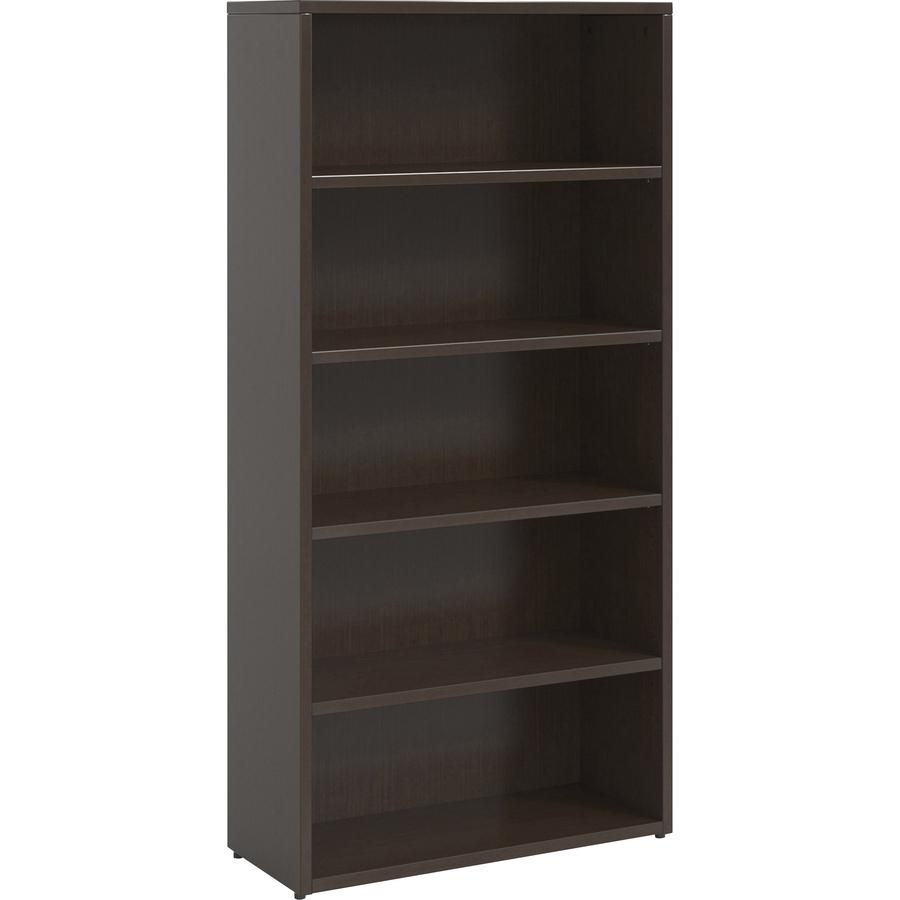 Lorell Prominence Espresso Laminate Bookcase - 34" x 12" x 69" , 1" Top - 5 Shelve(s) - Band Edge - Material: Particleboard - Finish: Espresso Laminate Surface, Thermofused Melamine (TFM). Picture 3