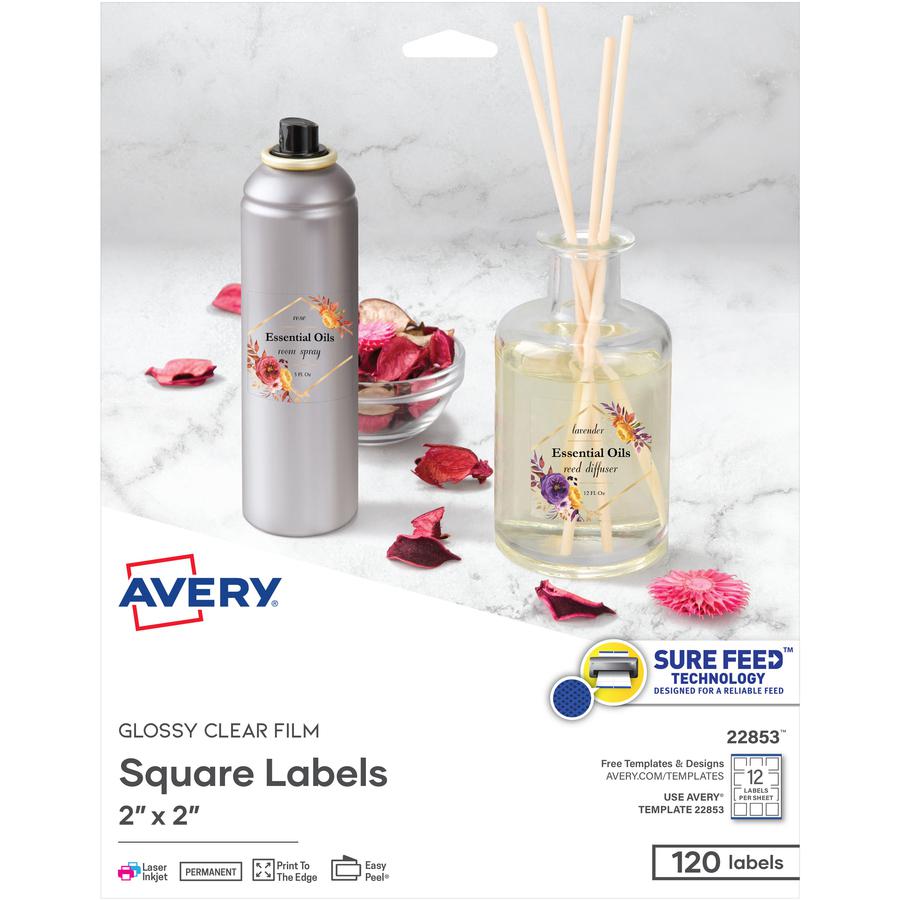 Avery&reg; Sure Feed Glossy Labels - 2" Width x 2" Length - Permanent Adhesive - Square - Laser, Inkjet - Crystal Clear - Film - 12 / Sheet - 10 Total Sheets - 120 Total Label(s) - 120 / Pack. Picture 2