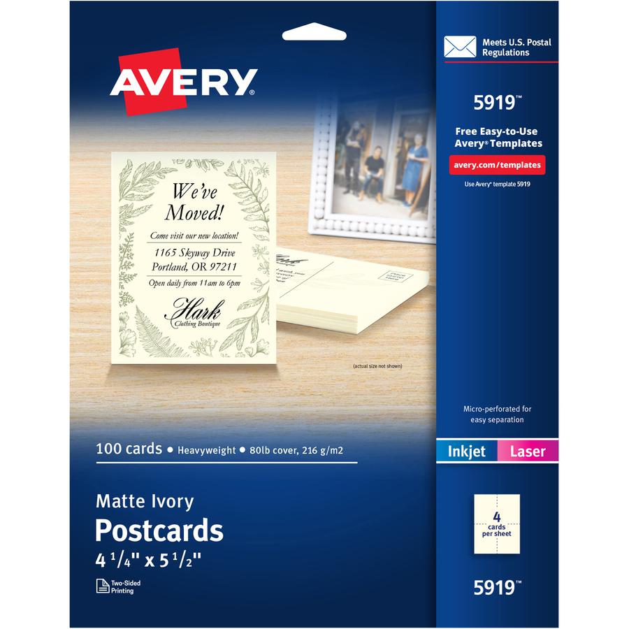 Avery&reg; Postcards, Ivory, Two-Sided, 4-1/4" x 5-1/2" , 100 Cards (5919) - 79 Brightness - 4 1/4" x 5 1/2" - Matte - 100 / Box - Rounded Corner, Sturdy, Double-sided, Printable, Uncoated, Perforated. Picture 2