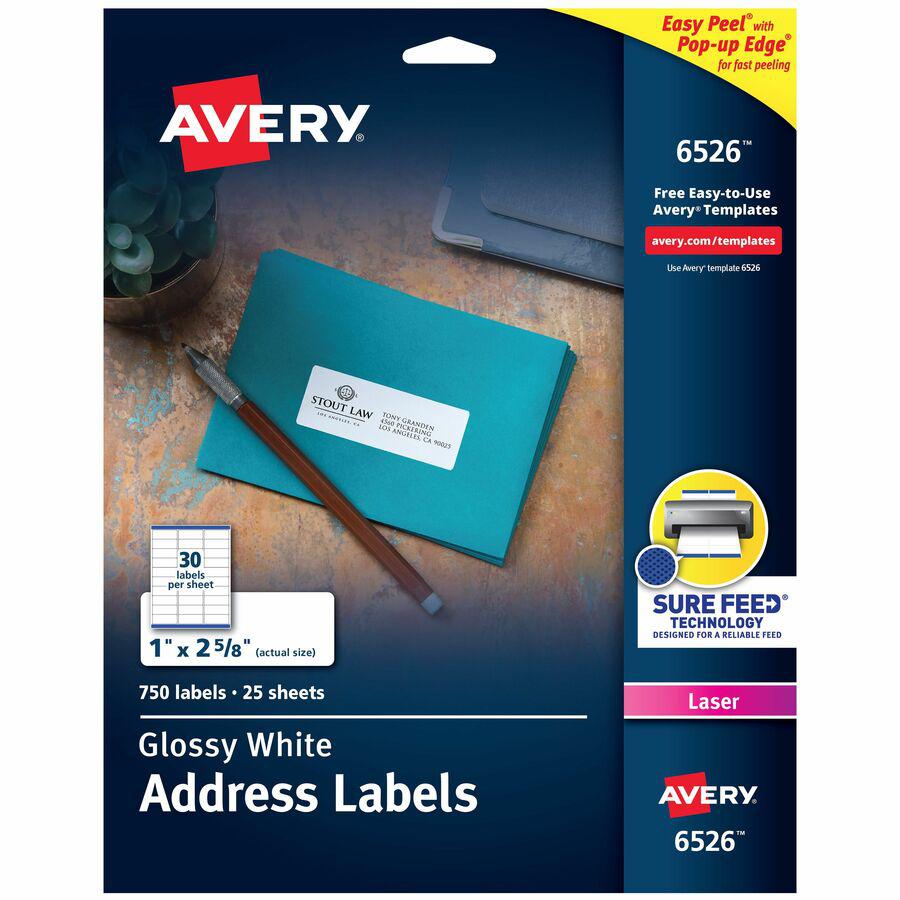 Avery&reg; Address Labels, Glossy White, 1" x 2-5/8" , 750 Total (6526) - 1" Width x 2 5/8" Length - Permanent Adhesive - Rectangle - Laser - White - Paper - 30 / Sheet - 25 Total Sheets - 750 Total L. Picture 2