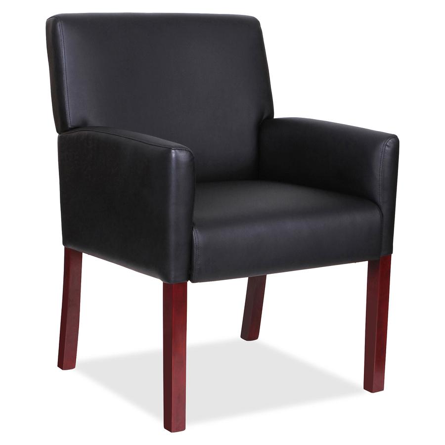 Lorell Full-sided Upholstered Arms Guest Chair - Black Leather Seat - Black Leather Back - Mahogany Wood Frame - 1 Each. Picture 4