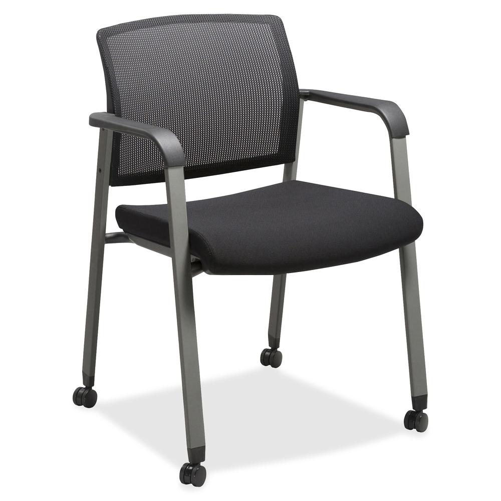 Lorell Mesh Back Guest Chairs with Casters - Black Fabric Seat - High Back - Square Base - 1 Each. Picture 2