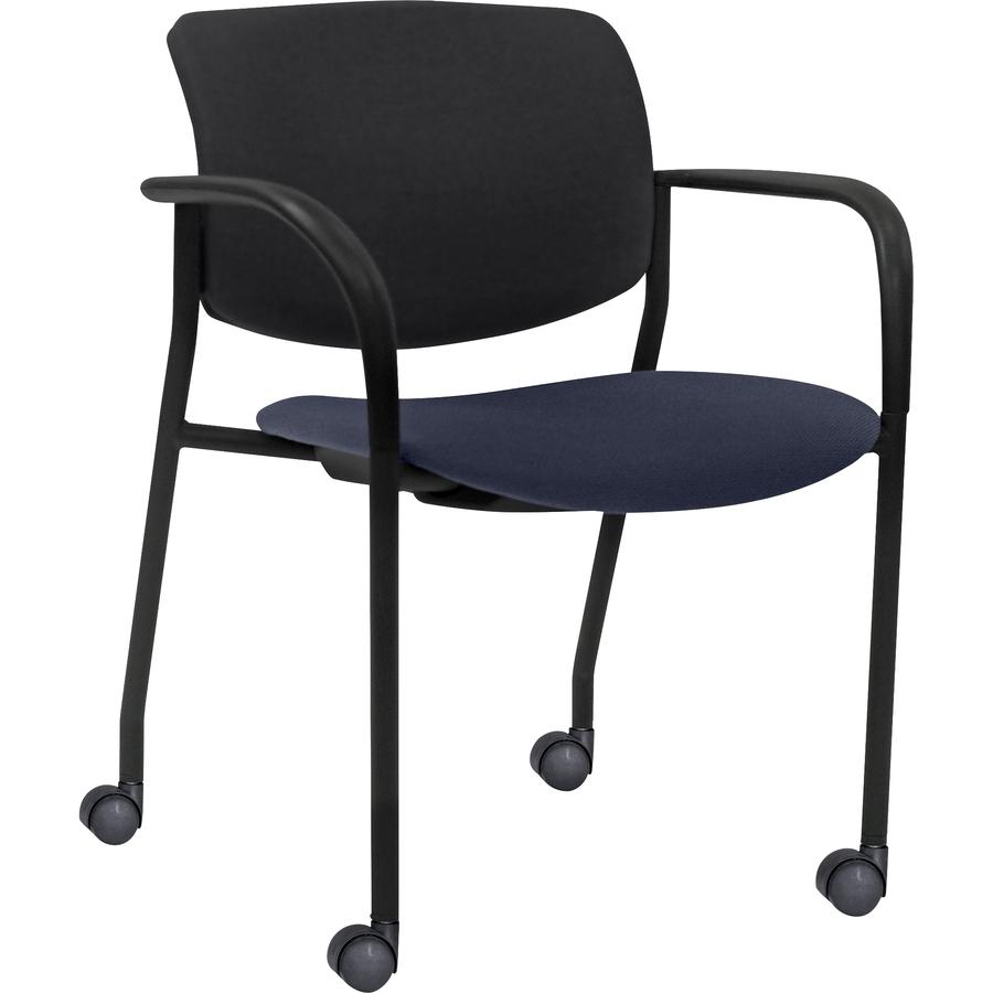 Lorell Stack Chairs with Plastic Back & Fabric Seat - Dark Blue Foam, Crepe Fabric Seat - Black Plastic Back - Powder Coated, Black Tubular Steel Frame - Four-legged Base - Armrest - 2 / Carton. Picture 2