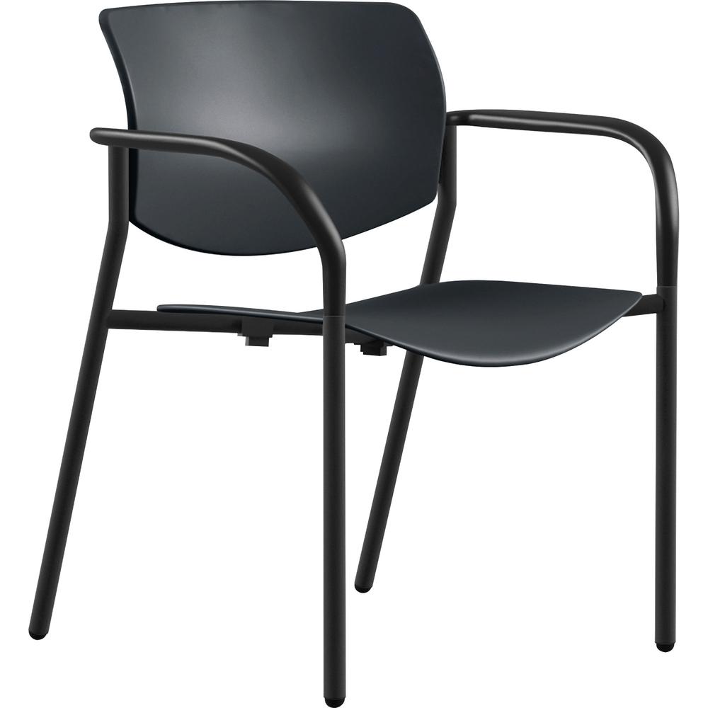 Lorell Stack Chairs with Arms - Plastic Seat - Plastic Back - Powder Coated, Black Tubular Steel Frame - Four-legged Base - Black - Plastic - Armrest - 2 / Carton. Picture 2