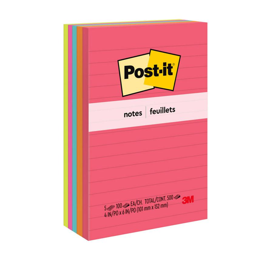 Post-it&reg; Notes Original Notepads - Poptimistic Color Collection - 4" x 6" - Rectangle - 100 Sheets per Pad - Ruled - Power Pink, Neon Green, Aqua, Neon Orange, Guava Pink - Self-adhesive, Self-sti. Picture 3