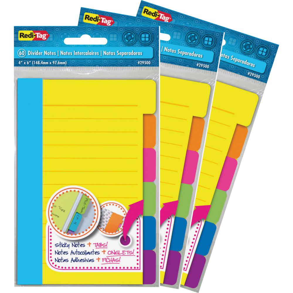 Redi-Tag Assorted Tab Ruled Sticky Notes - 10 x Blue, 10 x Green, 10 x Orange, 10 x Pink, 10 x Purple, 10 x Yellow - 4" x 6" - Rectangle - 60 Sheets per Pad - Ruled - Multicolor - Paper - Self-adhesiv. Picture 2