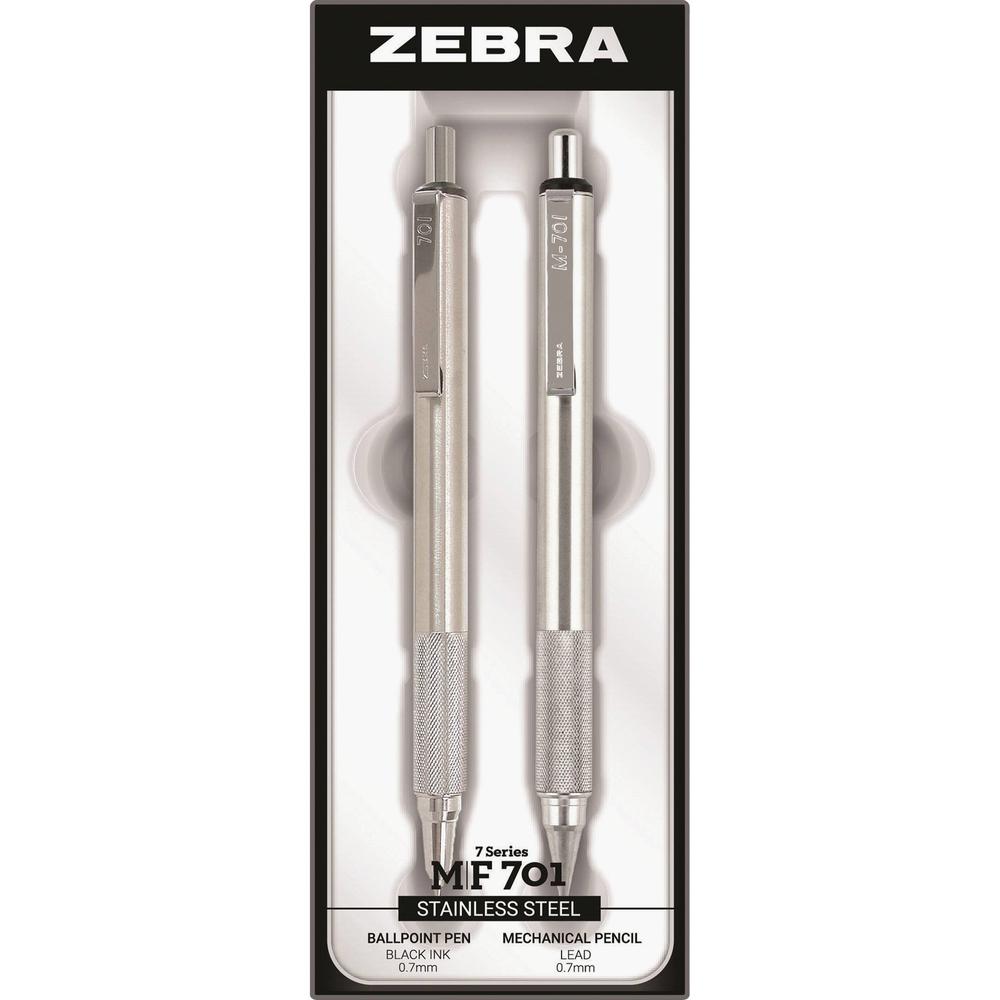 Zebra STEEL 7 Series M/F 701 Mechanical Pencil & Ballpoint Pen Set - 0.7 mm Pen Point Size - 0.7 mm Lead Size - Refillable - Stainless Steel - 2 / Set. Picture 2