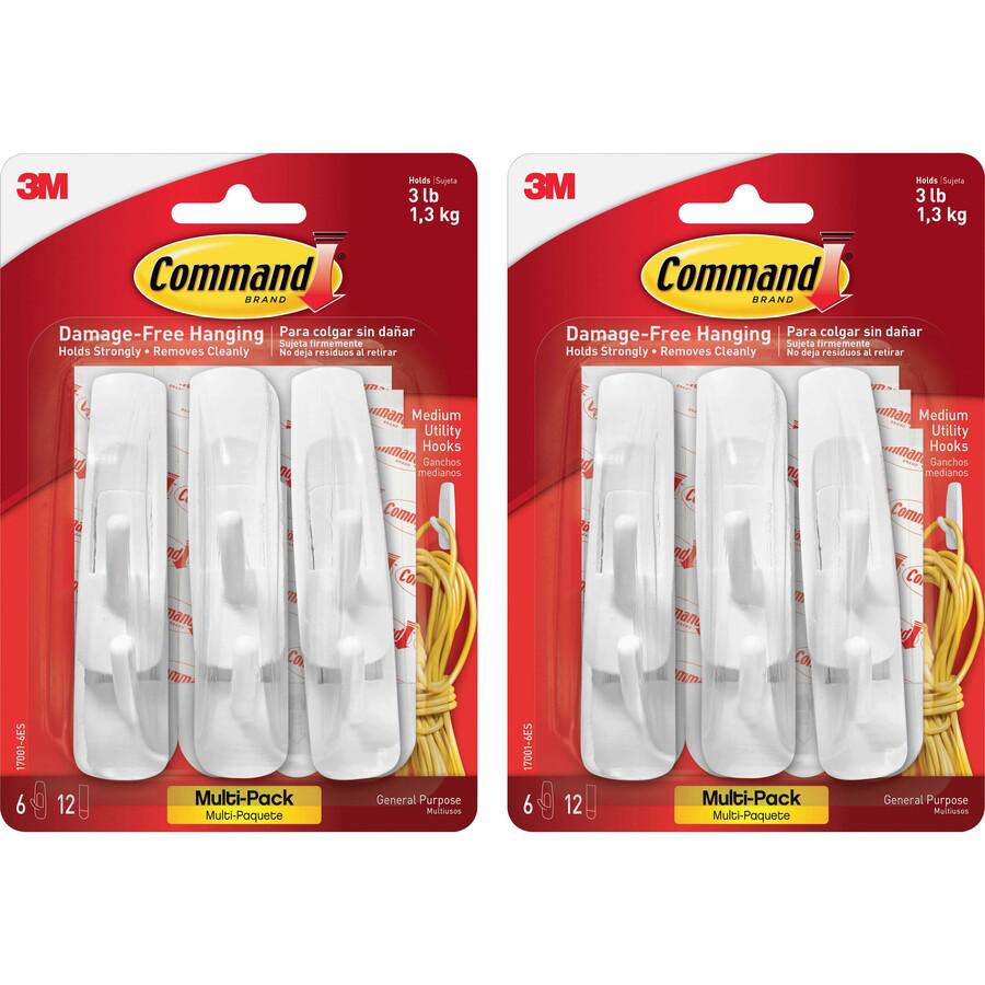 Command Medium Utility Hooks with Adhesive Strips - 3 lb (1.36 kg) Capacity - for Paint, Wood, Tile - White - 2 / Bag. Picture 3