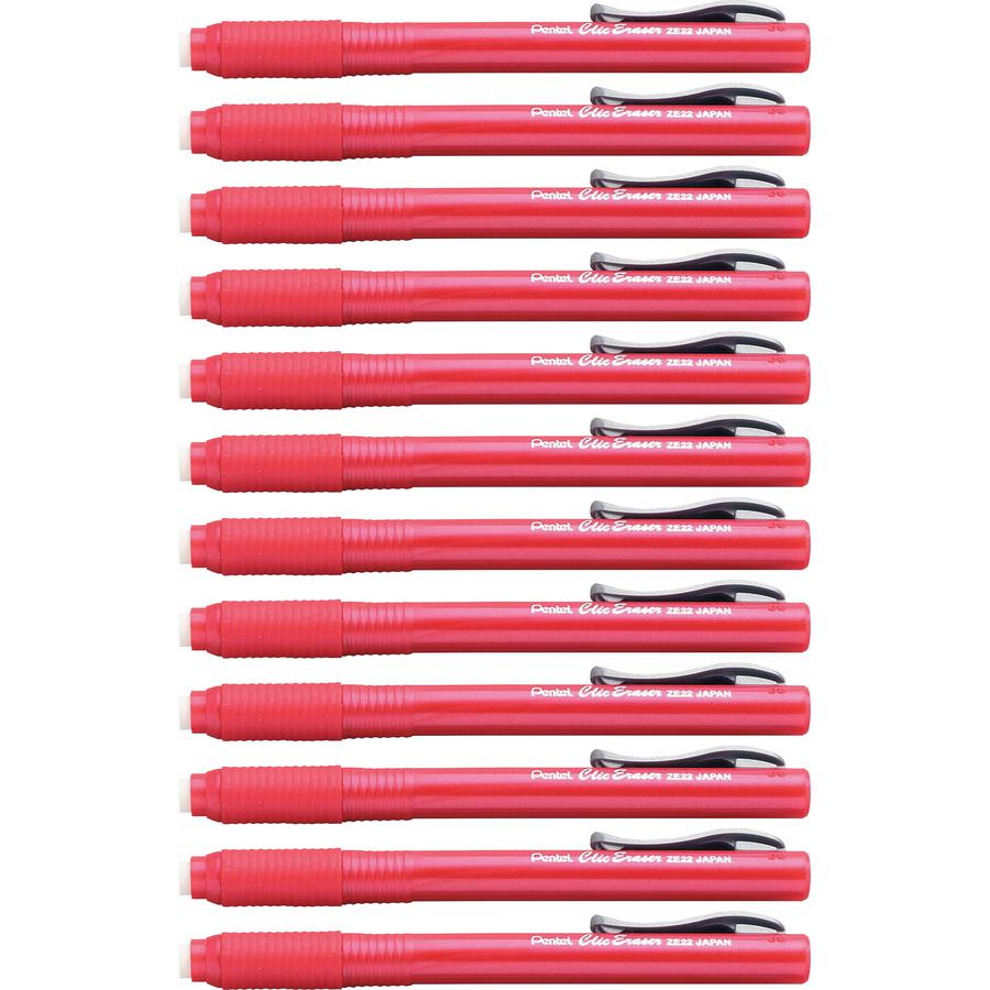 Pentel Rubber Grip Clic Eraser - Red - Pen - Refillable - 12 / Box - Retractable, Latex-free Grip, Pocket Clip, Ghost Resistant, Non-abrasive. Picture 2