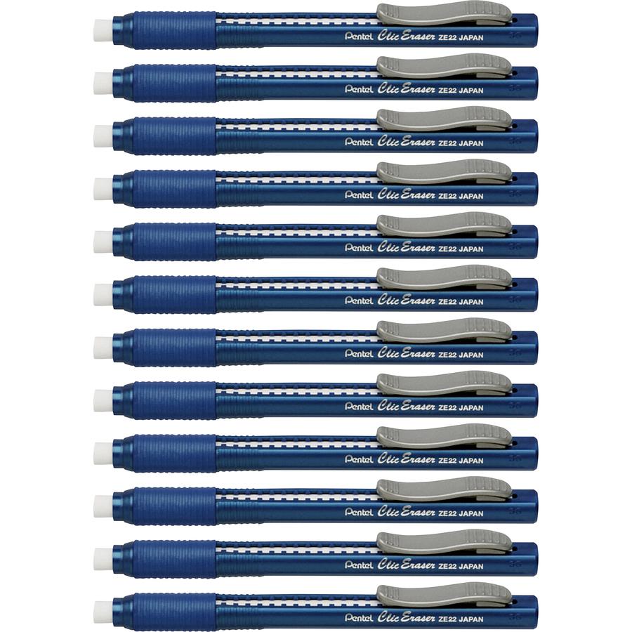 Pentel Rubber Grip Clic Eraser - Blue - Pen - Refillable - 12 / Box - Retractable, Latex-free Grip, Pocket Clip, Ghost Resistant, Non-abrasive. Picture 2