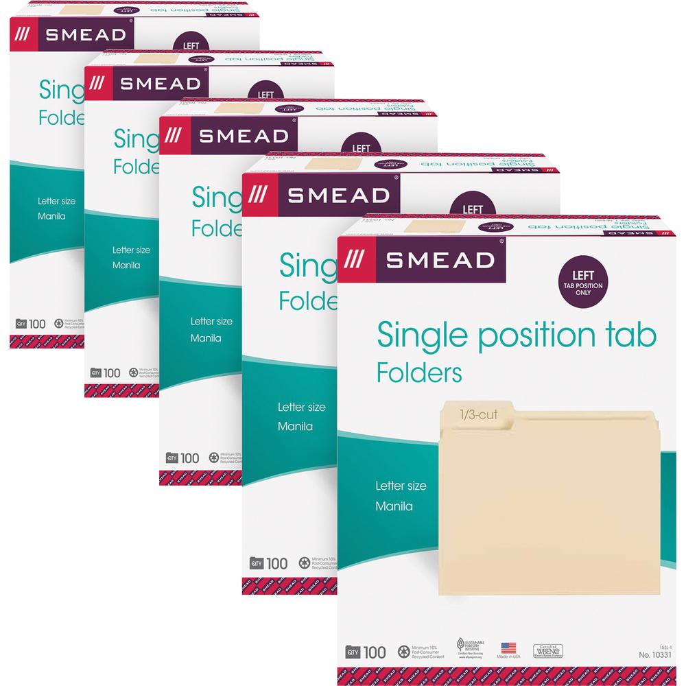 Smead 1/3 Tab Cut Letter Recycled Top Tab File Folder - 8 1/2" x 11" - 3/4" Expansion - Top Tab Location - Left Tab Position - Manila - 10% Recycled - 5 / Carton. Picture 3