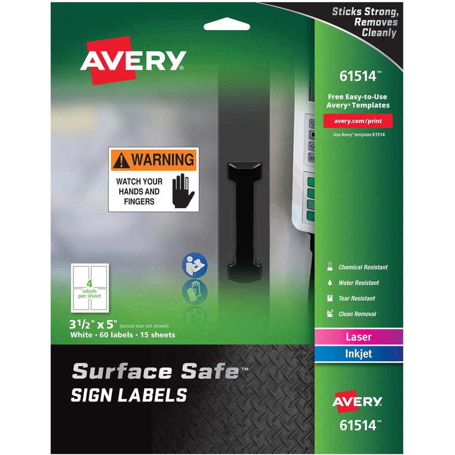 Avery&reg; 3-1/2"x5" Removable Label Safety Signs - 3 1/2" Width x 5" Length - Removable Adhesive - Rectangle - Laser, Inkjet - White - Film - 4 / Sheet - 15 Total Sheets - 60 Total Label(s) - 5 - Wat. Picture 4