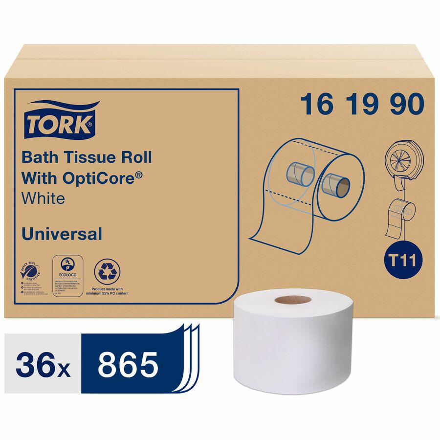 TORK Universal Bath Tissue Roll with OptiCore - 2 Ply - 3.80" x 288.30 ft - 865 Sheets/Roll - 5.60" Roll Diameter - White - Paper - Embossed, Chlorine-free, Chemical-free - For Bathroom - 31140 / Shee. Picture 3