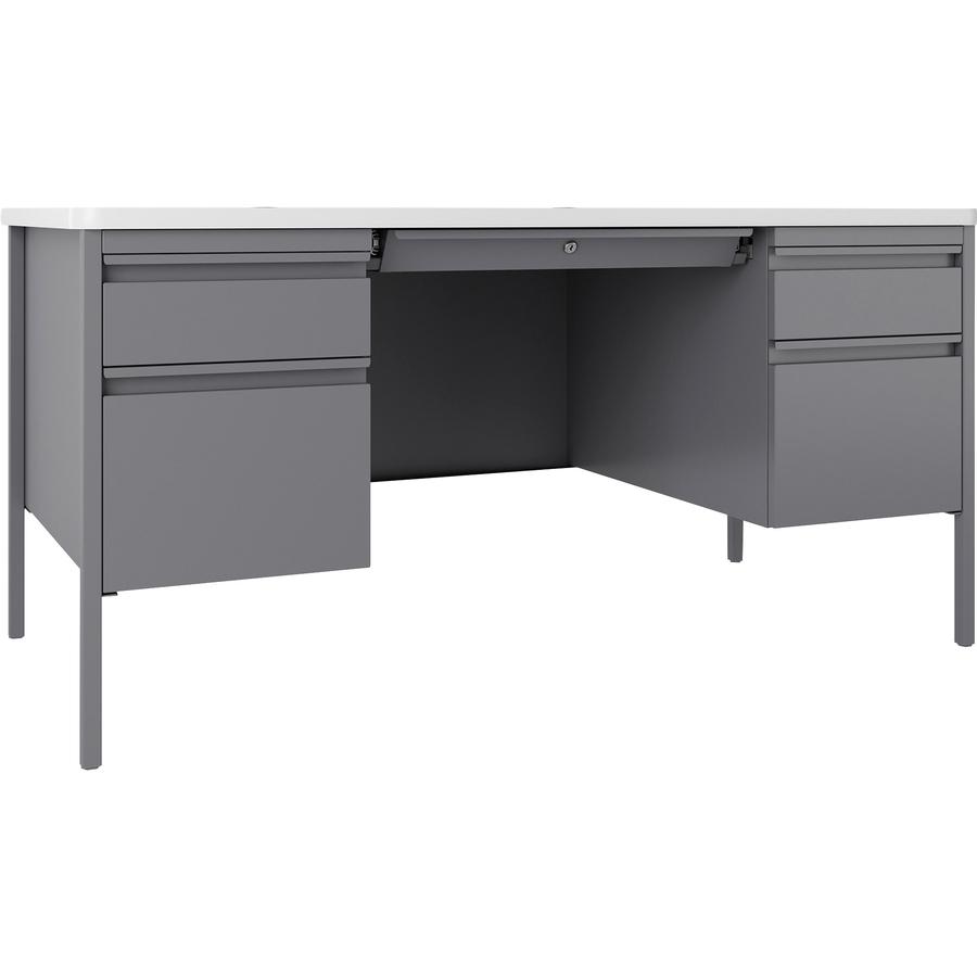 Lorell Fortress Series Teachers Desk - 60" x 30" x 29.5" - Double Pedestal - T-mold Edge - Material: Steel - Finish: White Laminate Surface, Platinum. Picture 4