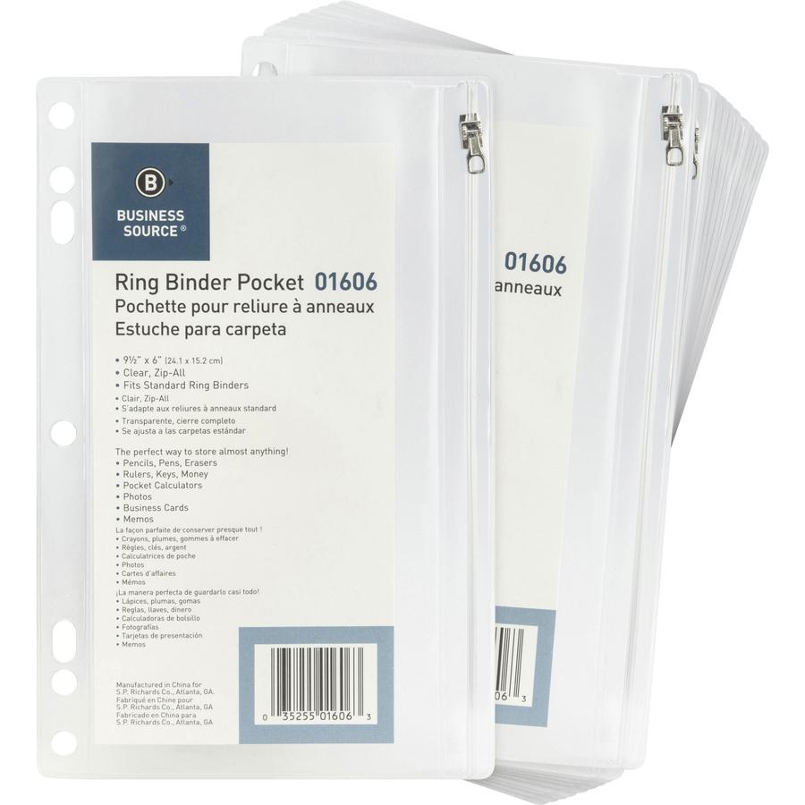 Business Source Punched Economy Binder Pocket - 9.5" Height x 6" Width - 7 x Holes - Ring Binder - Clear - Plastic - 24 / Box. Picture 3