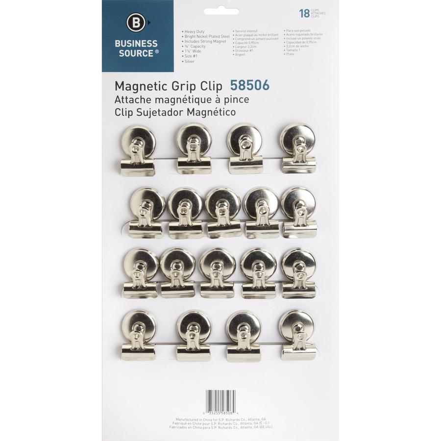Business Source Magnetic Grip Clips Pack - No. 1 - 1.3" Width - for Paper - Magnetic, Heavy Duty - 18 / Box - Silver. Picture 5