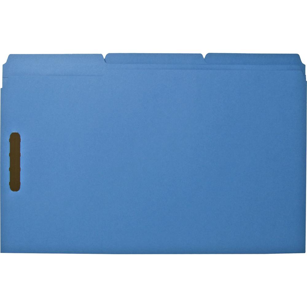 Business Source 1/3 Tab Cut Legal Recycled Fastener Folder - 8 1/2" x 14" - 3/4" Expansion - 2 Fastener(s) - 2" Fastener Capacity - Top Tab Location - Assorted Position Tab Position - Blue - 10% Recyc. Picture 2