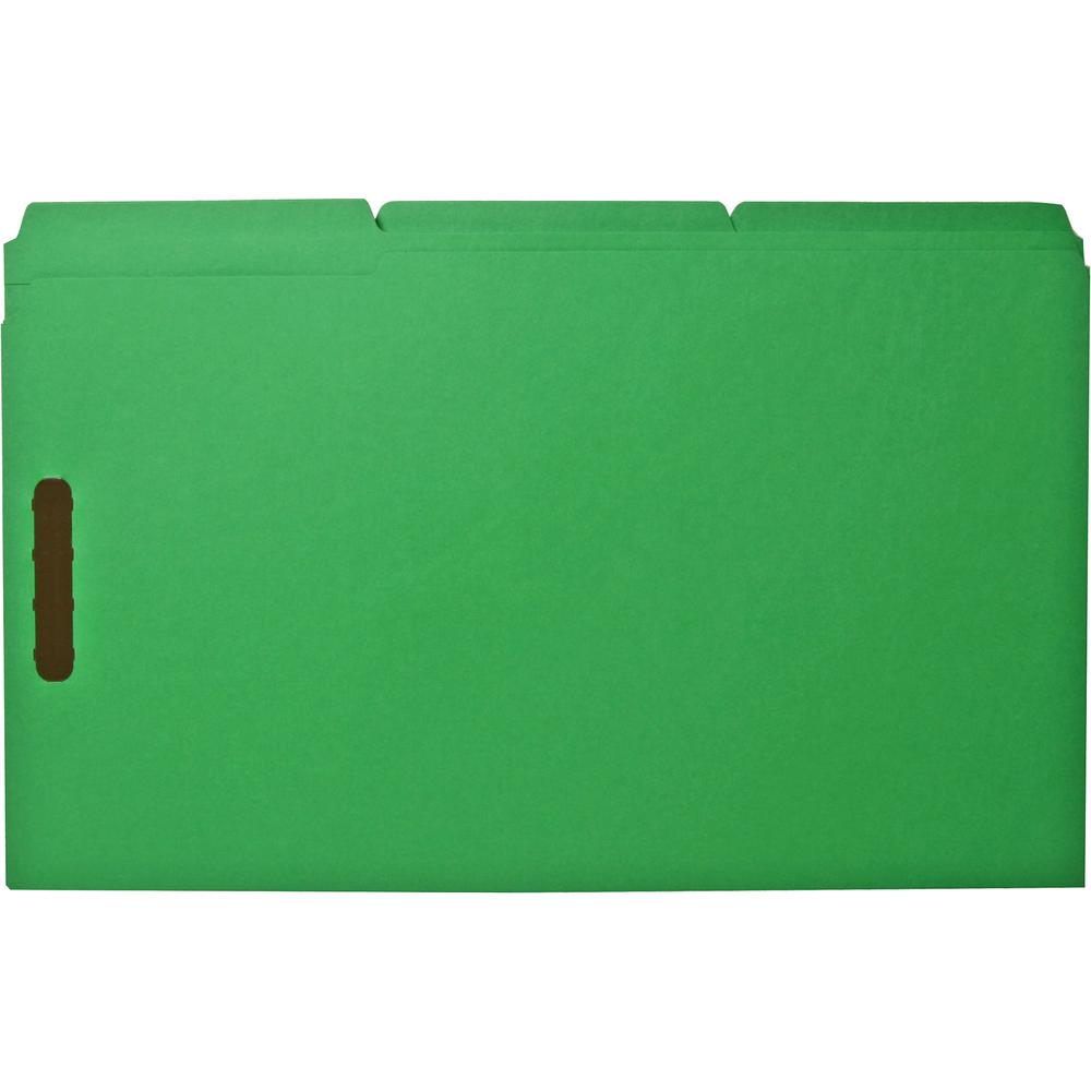 Business Source 1/3 Tab Cut Legal Recycled Fastener Folder - 8 1/2" x 14" - 3/4" Expansion - 2 Fastener(s) - 2" Fastener Capacity - Top Tab Location - Assorted Position Tab Position - Green - 10% Recy. Picture 2