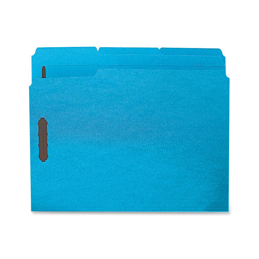 Business Source 1/3 Tab Cut Letter Recycled Fastener Folder - 8 1/2" x 11" - 3/4" Expansion - 2 Fastener(s) - 2" Fastener Capacity - Top Tab Location - Assorted Position Tab Position - Blue - 10% Recy. Picture 2