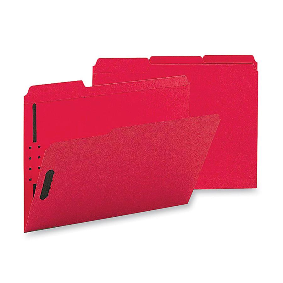 Business Source 1/3 Tab Cut Letter Recycled Fastener Folder - 8 1/2" x 11" - 3/4" Expansion - 2 Fastener(s) - 2" Fastener Capacity - Top Tab Location - Assorted Position Tab Position - Red - 10% Recyc. Picture 2