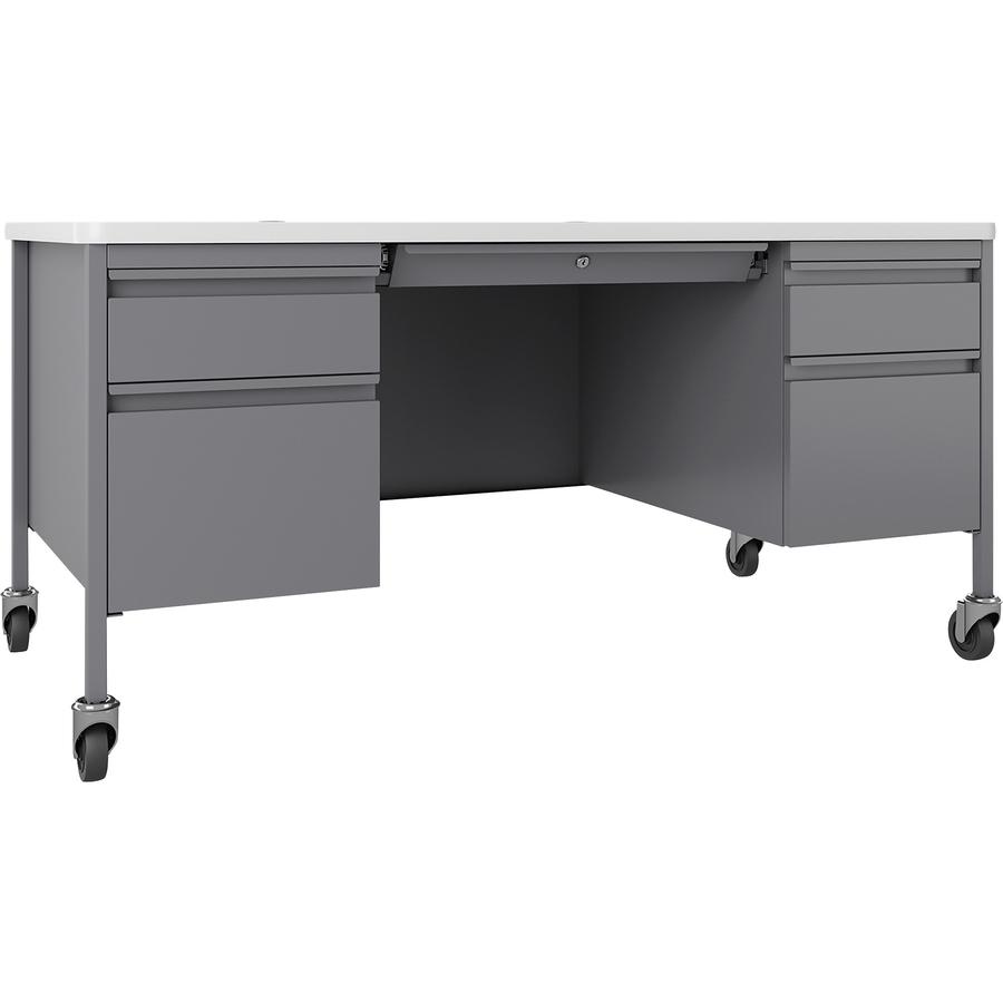 Lorell Fortress White/Platinum Steel Teachers Desk - 60" x 30" x 29.5" - Box Drawer(s), File Drawer(s) - Double Pedestal - T-mold Edge - Material: Steel Frame - Finish: Platinum Frame, White Laminate . Picture 4