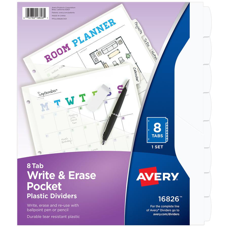 Avery&reg; Write & Erase Pocket Plastic Dividers - 8 x Divider(s) - 8 Write-on Tab(s) - 8 - 8 Tab(s)/Set - 9.3" Divider Width x 11.13" Divider Length - 3 Hole Punched - White Plastic Divider - White P. Picture 2