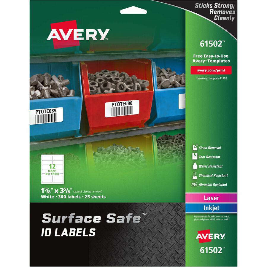 Avery&reg; Surface Safe ID Label - 1 5/8" Width x 3 5/8" Length - Removable Adhesive - Rectangle - Laser, Inkjet - White - Film - 12 / Sheet - 25 Total Sheets - 300 Total Label(s) - 5 - Water Resistan. Picture 4