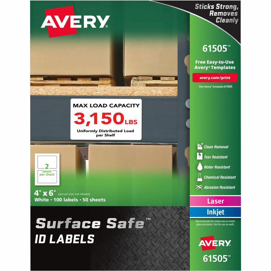 Avery&reg; Surface Safe ID Labels - 4" Width x 6" Length - Removable Adhesive - Rectangle - Laser, Inkjet - White - Film - 2 / Sheet - 50 Total Sheets - 100 Total Label(s) - 5 - Water Resistant. Picture 5