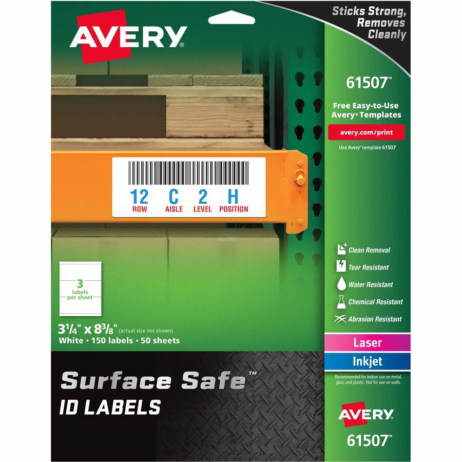 Avery&reg; Surface Safe ID Label - 3 1/4" Width x 8 3/8" Length - Removable Adhesive - Rectangle - Laser, Inkjet - White - Film - 3 / Sheet - 50 Total Sheets - 150 Total Label(s) - 5 - Water Resistant. Picture 4