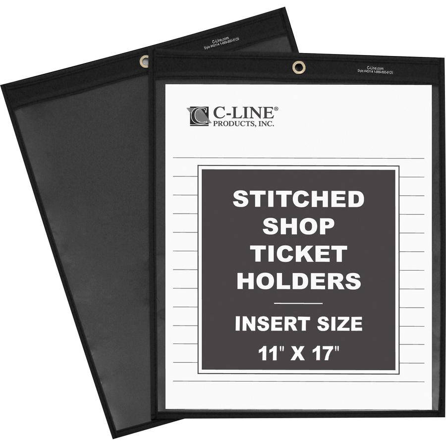 C-Line Stitched Shop Ticket Holders - Support 8.50" x 14" , 11" x 14" Media - Vinyl - 25 / Box - Black, Clear - Heavy Duty. Picture 2