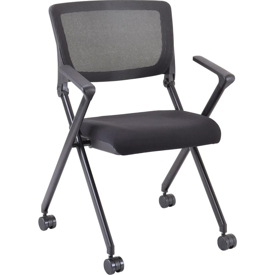 Lorell Mobile Mesh Back Nesting Chairs with Arms - Black Fabric Seat - Metal Frame - 2 / Carton. Picture 9