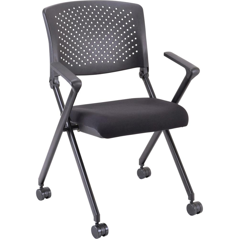 Lorell Upholstered Foldable Nesting Chairs with Arms - Black Fabric Seat - Black Plastic Back - Metal Frame - 2 / Carton. Picture 6