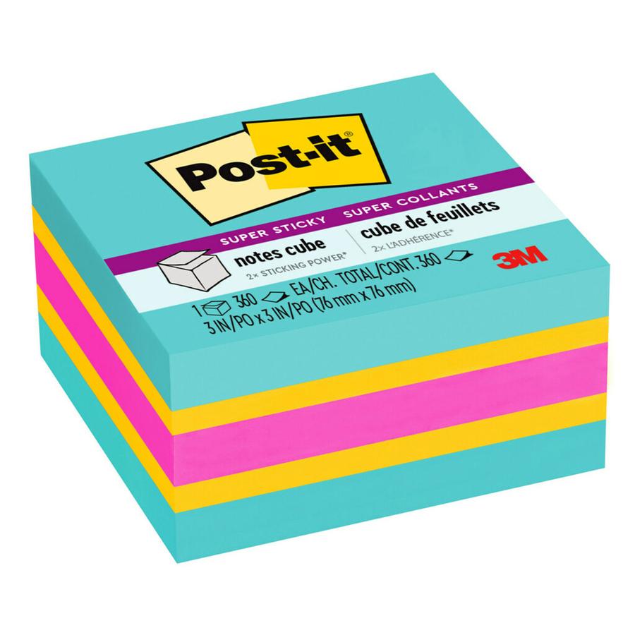 Post-it&reg; Super Sticky Notes Cube - 3" x 3" - Square - 360 Sheets per Pad - Aqua Splash, Sunnyside, Power Pink - Paper - Sticky, Recyclable - 1 / Pack. Picture 4