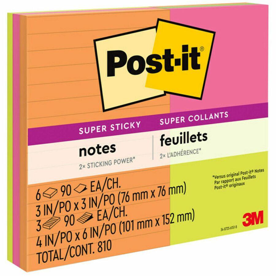 Post-it&reg; Super Sticky Notes - Energy Boost Color Collection - 3" x 3" , 4" x 6" - Square, Rectangle - 90 Sheets per Pad - Vital Orange, Tropical Pink, Limeade - Paper - Sticky, Recyclable - 9 / Pa. Picture 3