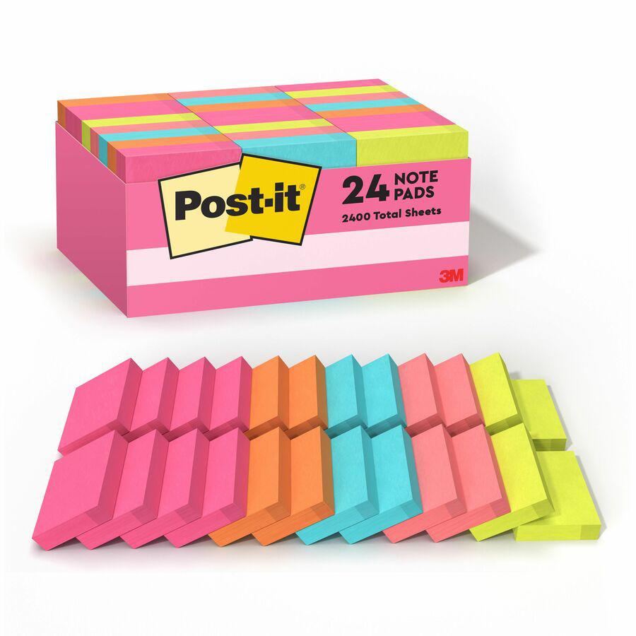 Post-it&reg; Notes Value Pack - 1 1/2" x 2" - Rectangle - 100 Sheets per Pad - Power Pink, Acid Lime, Aqua Splash, Vital Orange, Guava - Self-stick, Recyclable - 2400 / Pack. Picture 6