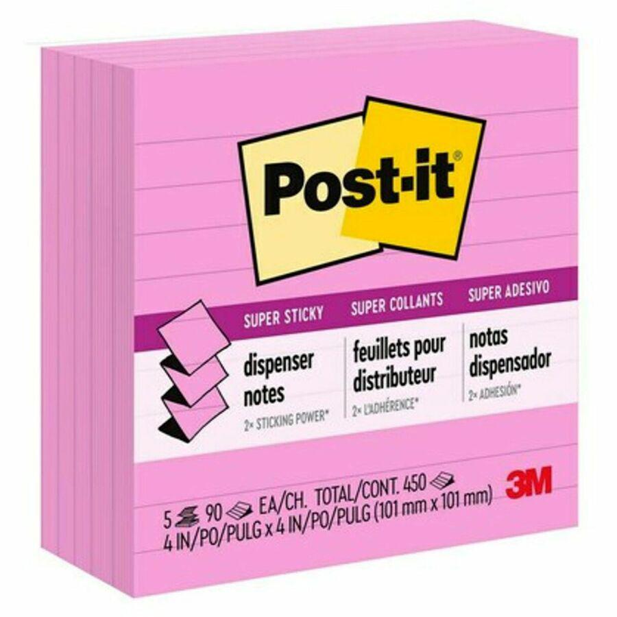 Post-it&reg; Super Sticky Pop-up Lined Note Refills - 4" x 4" - Square - 90 Sheets per Pad - Pink - Sticky - 5 / Pack. Picture 2