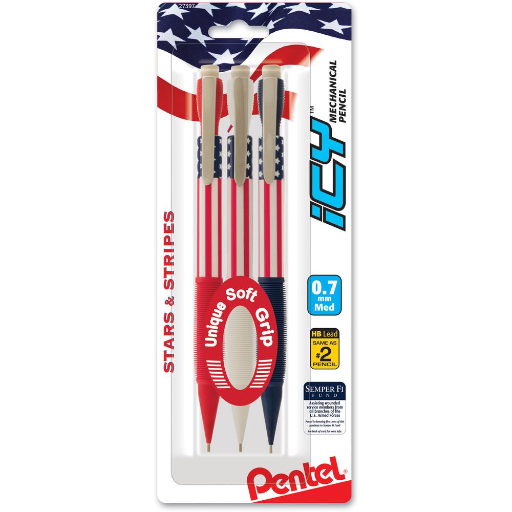 Pentel Stars & Stripes Mechanical Pencil - #2 Lead - 0.7 mm Lead Diameter - Thick Point - Refillable - Assorted Lead - Assorted Barrel - 3 / Pack. Picture 2