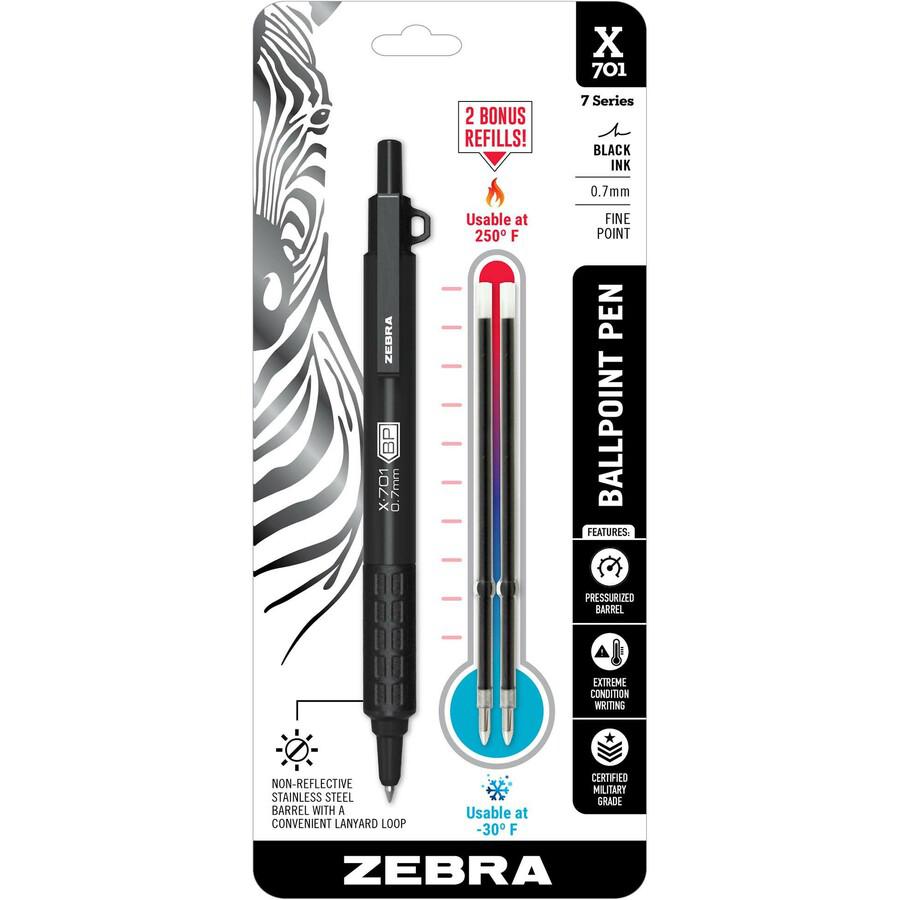 Zebra Steel 7 Series X-701 Retractable Ballpoint Pen - Fine Pen Point - 0.7 mm Pen Point Size - Refillable - Retractable - Stainless Steel Barrel - 1 Each. Picture 3