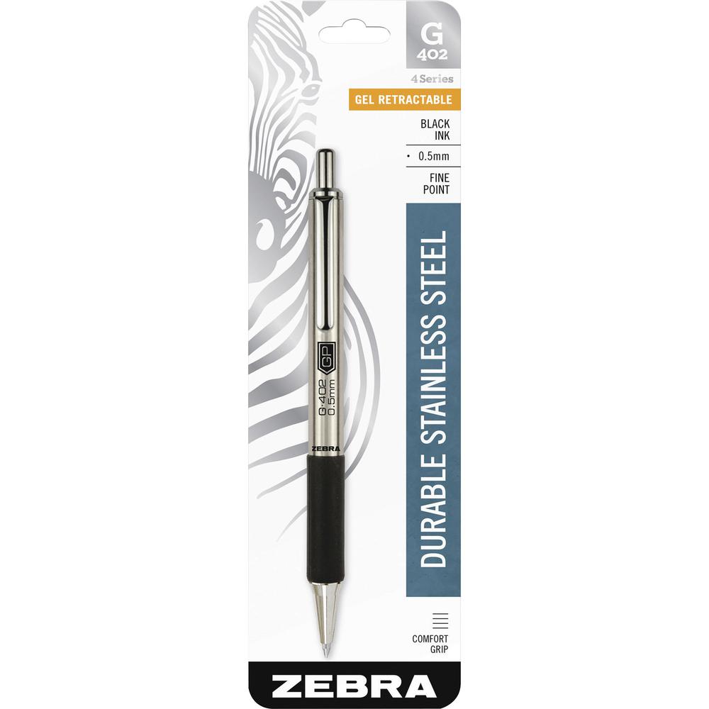 Zebra STEEL 4 Series G-402 Retractable Gel Pen - Fine Pen Point - 0.5 mm Pen Point Size - Retractable - Black Gel-based Ink - Stainless Steel Barrel - 1 Each. Picture 2