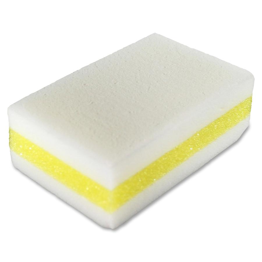 Genuine Joe Dual-Sided Melamine Eraser Amazing Sponges - 4.5" Height x 4.5" Width x 2.8" Depth - 5/Pack - Cellulose - White, Yellow. Picture 2