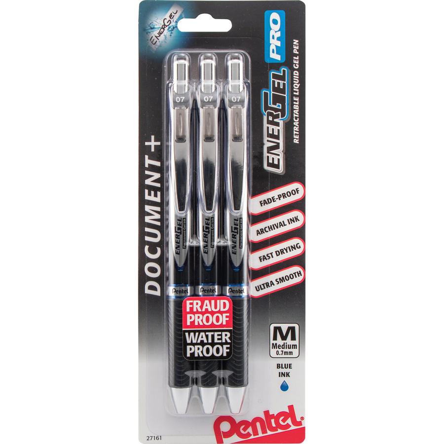 EnerGel PRO Retractable Liquid Gel Ink Pens - Medium Pen Point - 0.7 mm Pen Point Size - Refillable - Retractable - Blue Gel-based Ink - Black Stainless Steel Barrel - Metal Tip - 3 / Pack. Picture 3