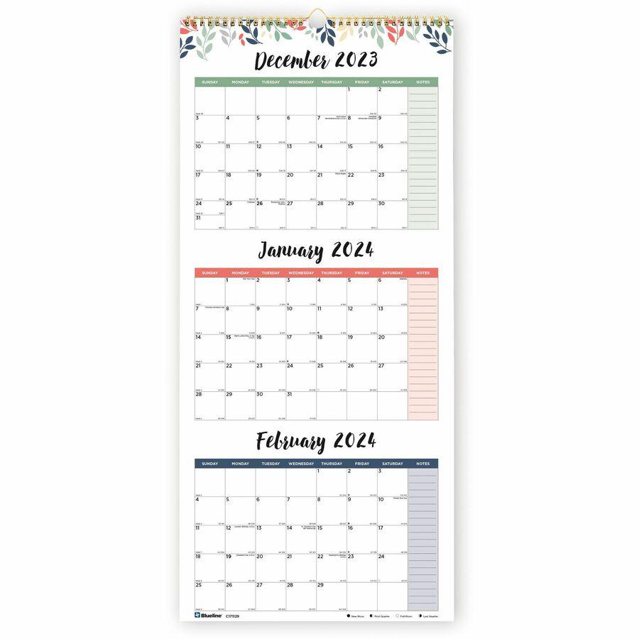 Blueline 3-Month Colorful Wall Calendar - Professional - Julian Dates - Monthly - 14 Month - December 2023 - January 2025 - 3 Month Single Page Layout - 12 1/4" x 27" Sheet Size - Twin Wire - Hook & L. Picture 5