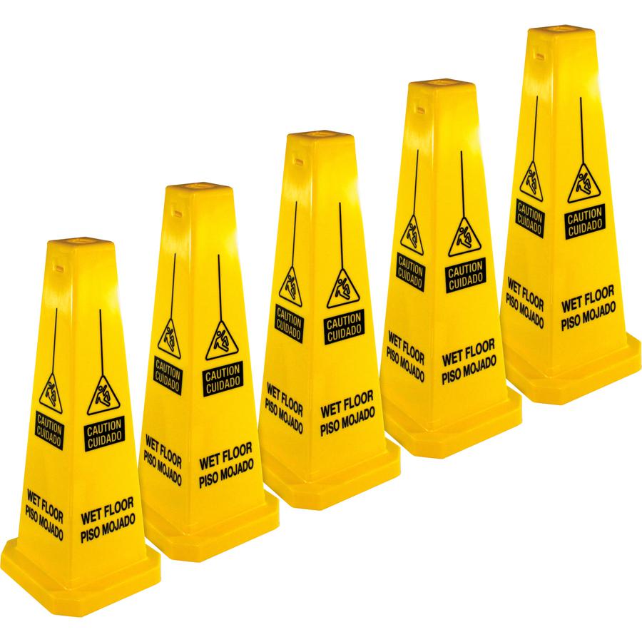 Genuine Joe Bright 4-sided CAUTION Safety Cone - 5 / Carton - Cone Shape - Stackable, Four Sided - Polypropylene - Yellow. Picture 2