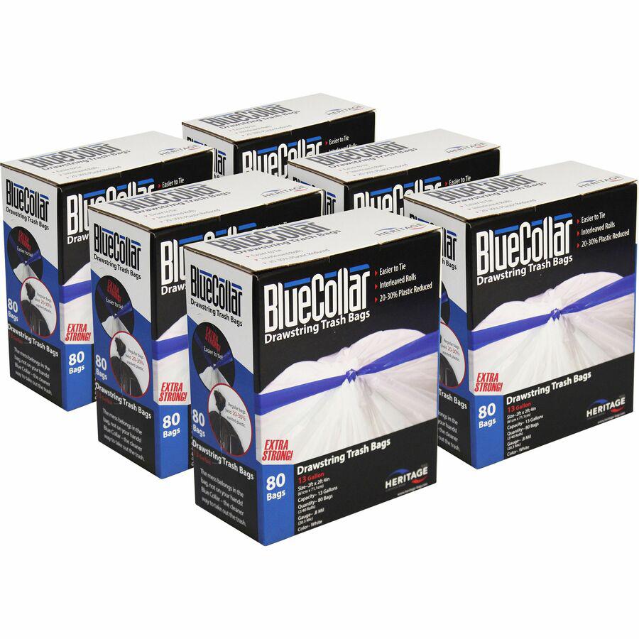 BlueCollar 13-gallon Drawstring Trash Bags - 13 gal Capacity - 24" Width x 28" Length - 0.80 mil (20 Micron) Thickness - Drawstring Closure - White - 6/Carton - 80 Per Box - Garbage. Picture 4