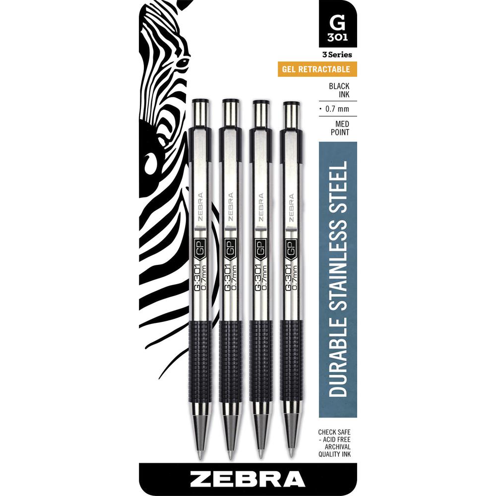 Zebra Pen STEEL 3 Series G-301 Retractable Gel Pen - 0.7 mm Pen Point Size - Refillable - Retractable - Black Gel-based Ink - Metal Barrel - 4 / Pack. Picture 2