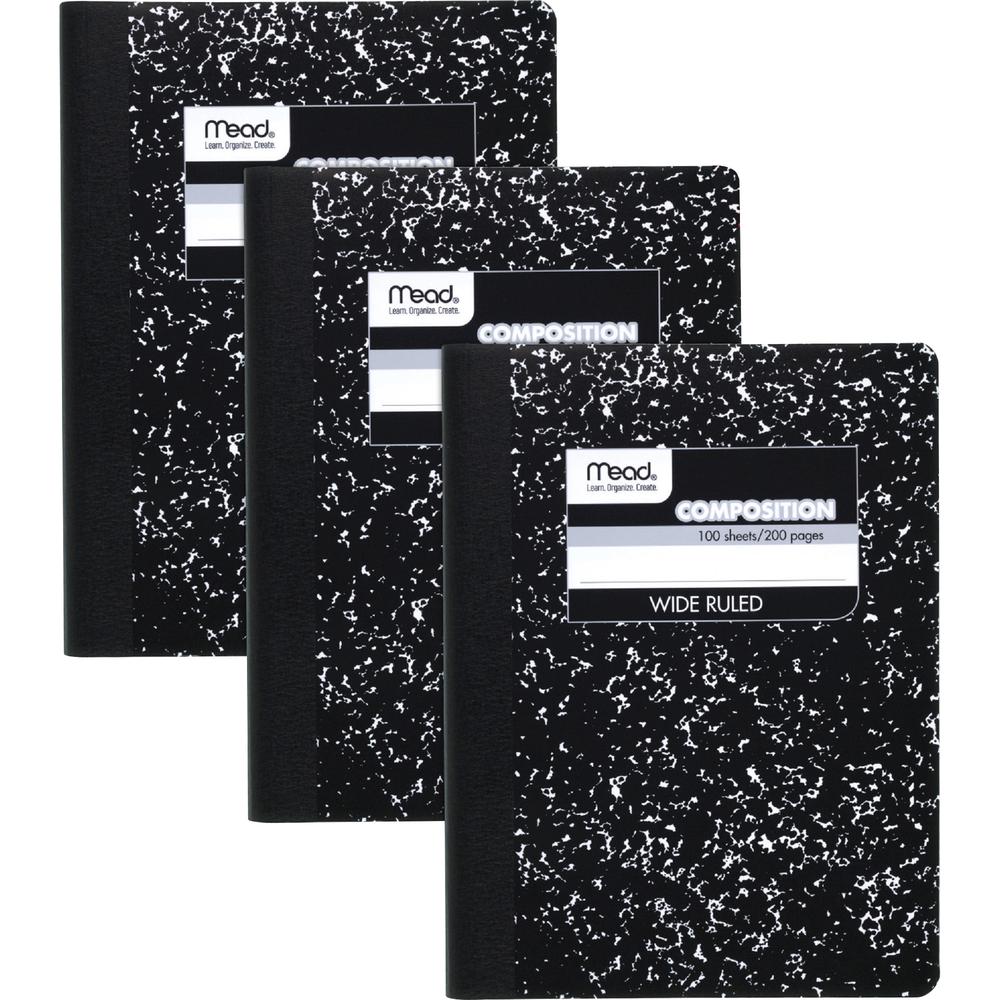 Mead Wide Ruled Comp Book - 100 Sheets - 100 Pages - Sewn - 9 3/4" x 7 1/2" - 9" x 7" x 0.5" - Black Marble Cover - Multiplication Table, Conversion Table, Reference Page - 3 / Pack. Picture 2