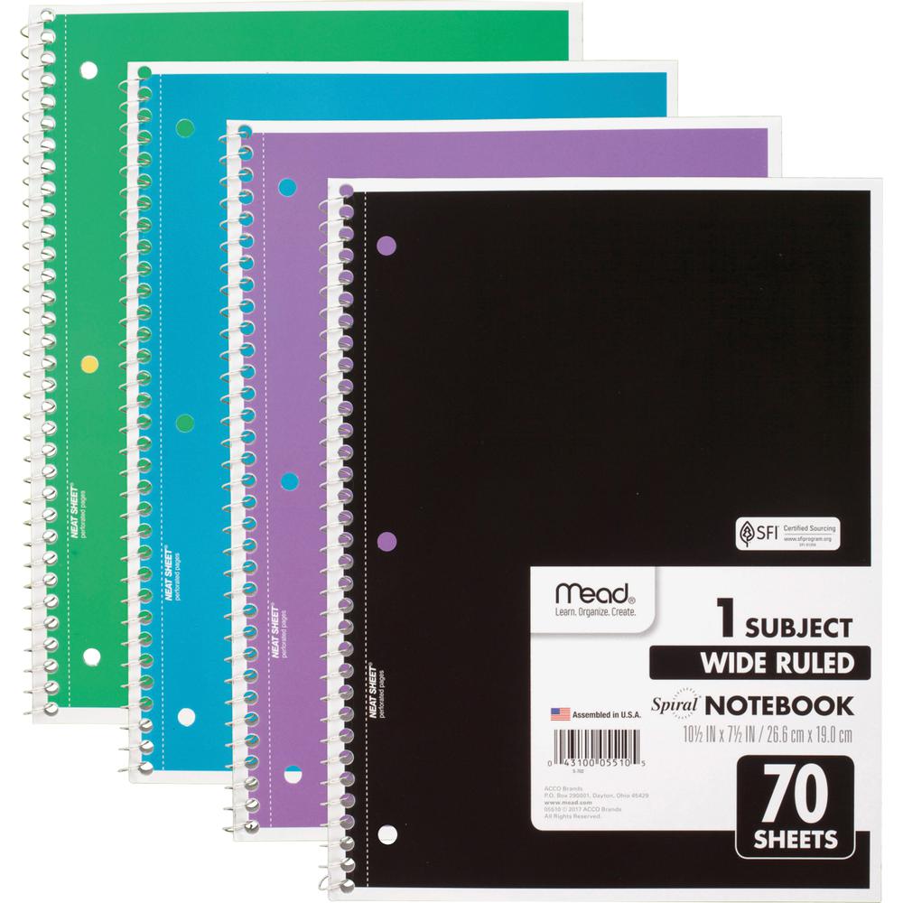 Mead 1 Subject Wide Ruled Spiral Notebook - 70 Sheets - 140 Pages - Spiral Bound - 3 Hole(s) - 10 1/2" x 8" - 10" x 8"0.5" - White Paper - Assorted Cover - Durable Cover, Bleed Resistant, Perforated,. Picture 2