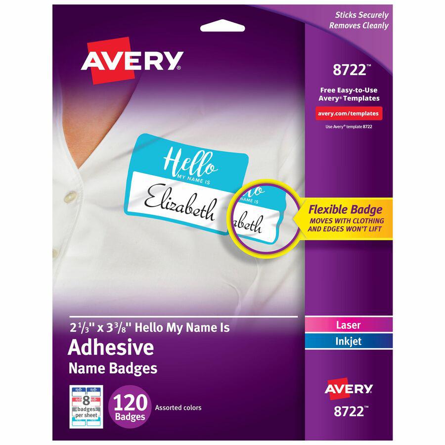 Avery&reg; Self-Adhesive Name Tags - "Hello My Name Is" - 11" Height x 8 1/2" Width - Removable Adhesive - Rectangle - Laser, Inkjet - White - Film - 8 / Sheet - 15 Total Sheets - 120 Total Label(s) -. Picture 3