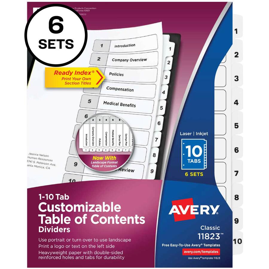 Avery&reg; Ready Index 10-tab Custom TOC Dividers - 60 x Divider(s) - 1-10, Table of Contents - 10 Tab(s)/Set - 8.5" Divider Width x 11" Divider Length - 3 Hole Punched - White Paper Divider - White P. Picture 3